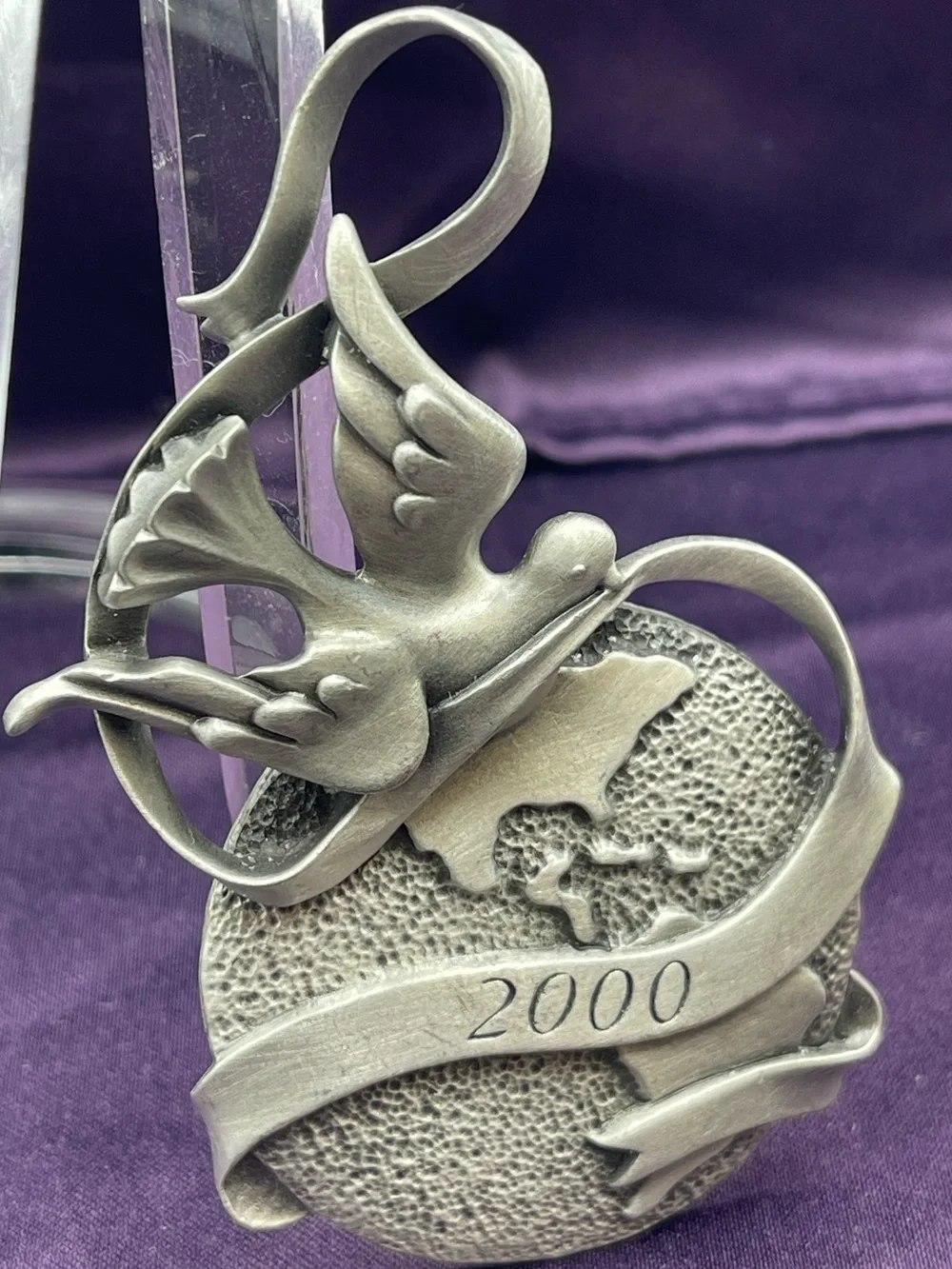 VTG Avon Annual Solid Pewter Ornament: “Year 2000” Peaceful Millennium with Dove